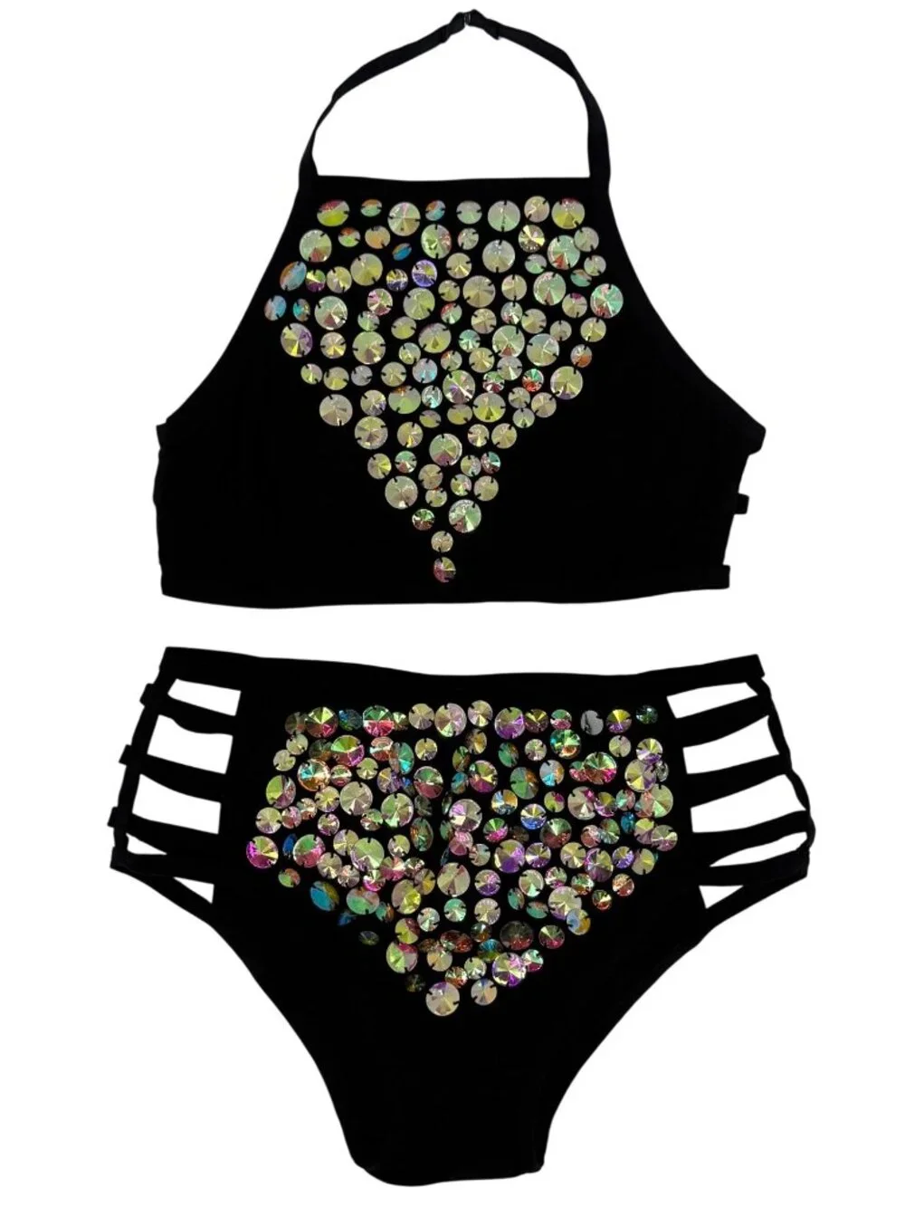 I Heart Raves 2 Piece Black Holographic Caged Halter Top & Bottoms Set| Festival - Picture 2 of 16